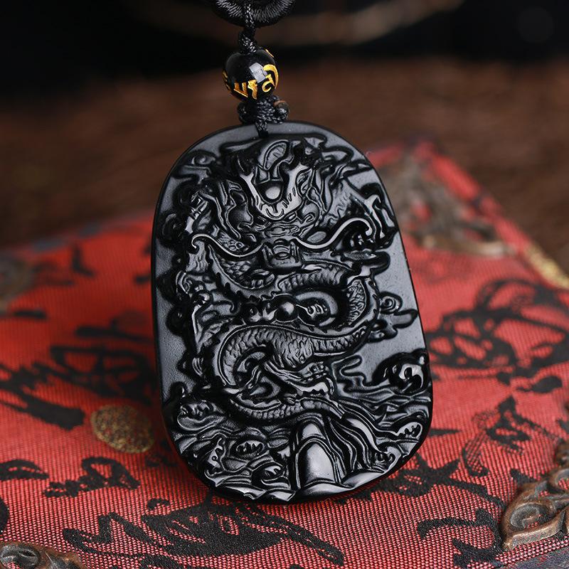 Natural Black Obsidian Dragon Drop Pendant Necklace