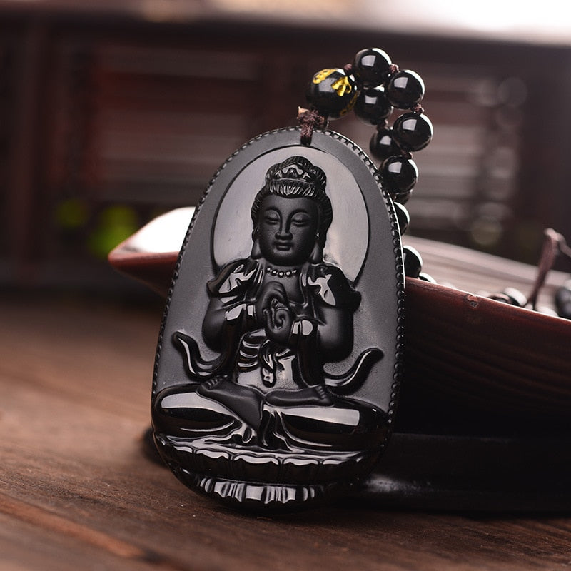 Natural Obsidian Hand Carved Buddha Amulet Pendant Necklace