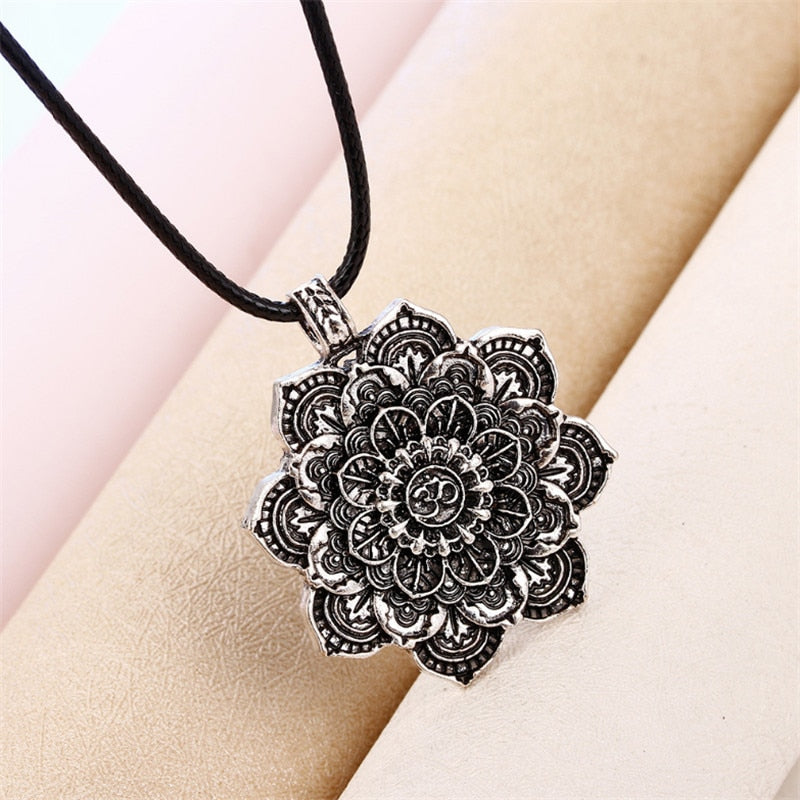 Antique Silver Om Lotus Blossom Mandala Necklace