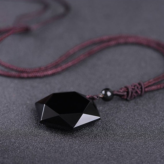 Natural Obsidian Hexagram Pendant Necklace