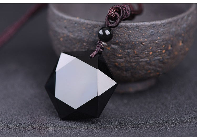 Natural Obsidian Hexagram Pendant Necklace