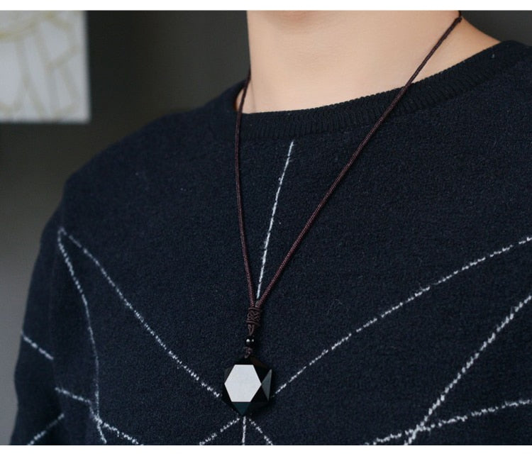 Natural Obsidian Hexagram Pendant Necklace