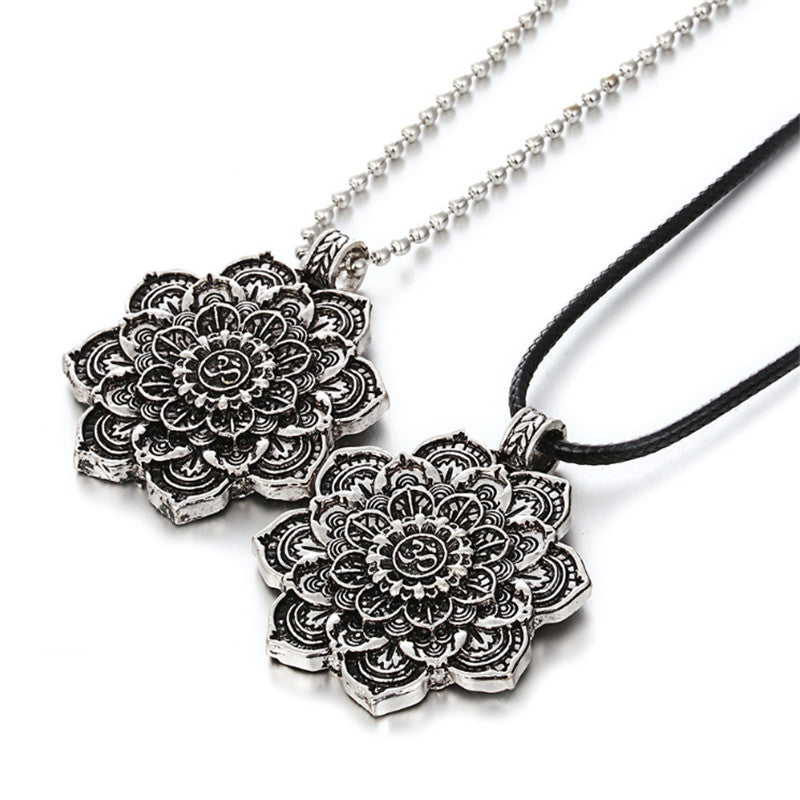 Antique Silver Om Lotus Blossom Mandala Necklace