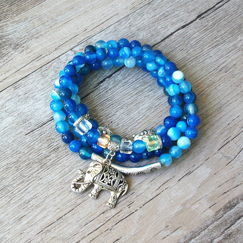 Natural Blue Tourmaline Buddha and Elephant Charm Wrap Bracelet