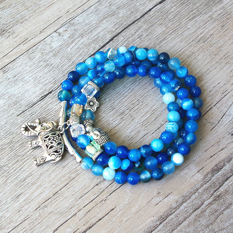 Natural Blue Tourmaline Buddha and Elephant Charm Wrap Bracelet