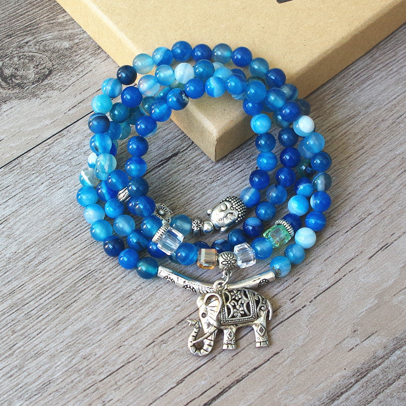 Natural Blue Tourmaline Buddha and Elephant Charm Wrap Bracelet