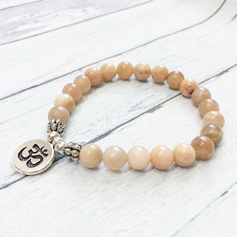 Sun Stone Bracelet with Om Charm Dangle