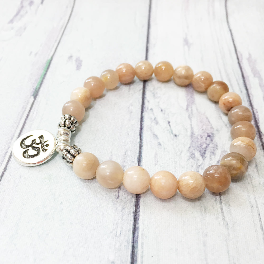 Sun Stone Bracelet with Om Charm Dangle