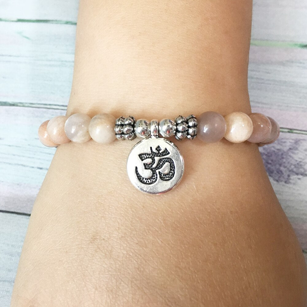 Sun Stone Bracelet with Om Charm Dangle