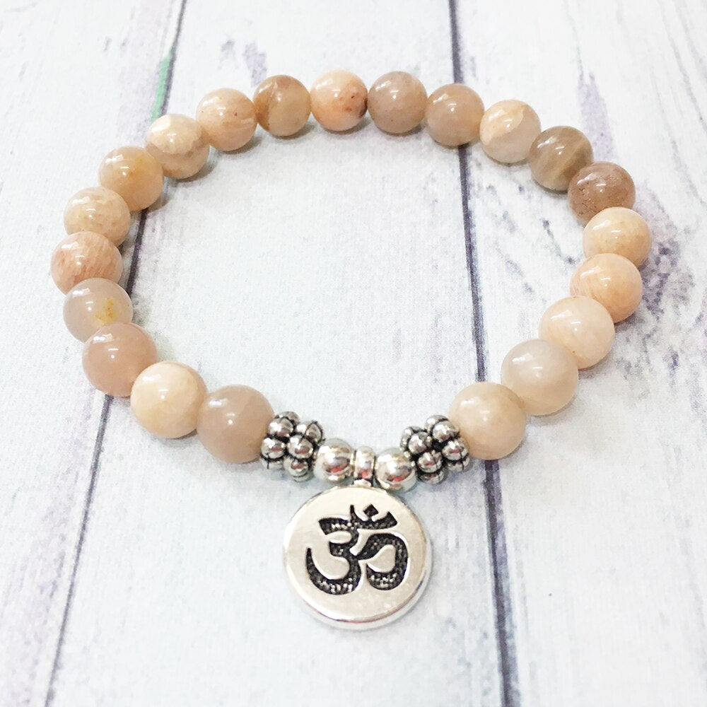 Sun Stone Bracelet with Om Charm Dangle