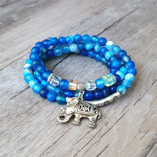 Natural Blue Tourmaline Buddha and Elephant Charm Wrap Bracelet