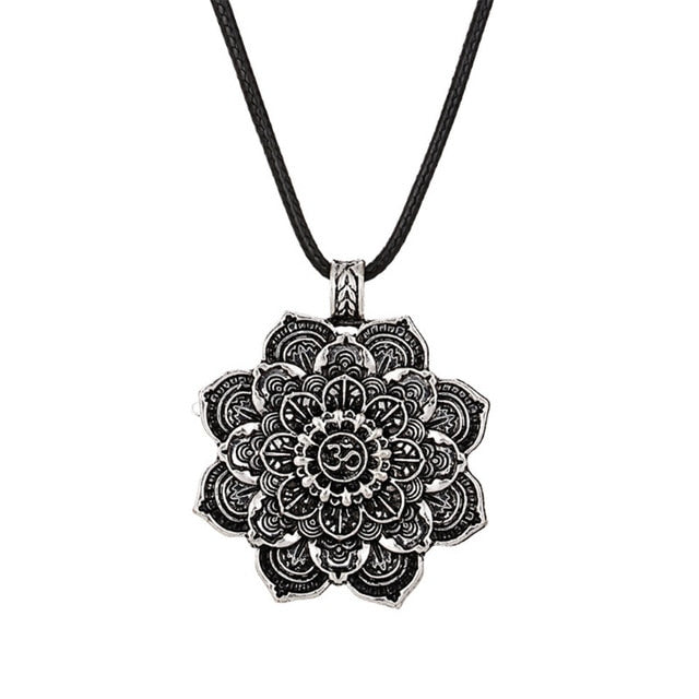 Antique Silver Om Lotus Blossom Mandala Necklace