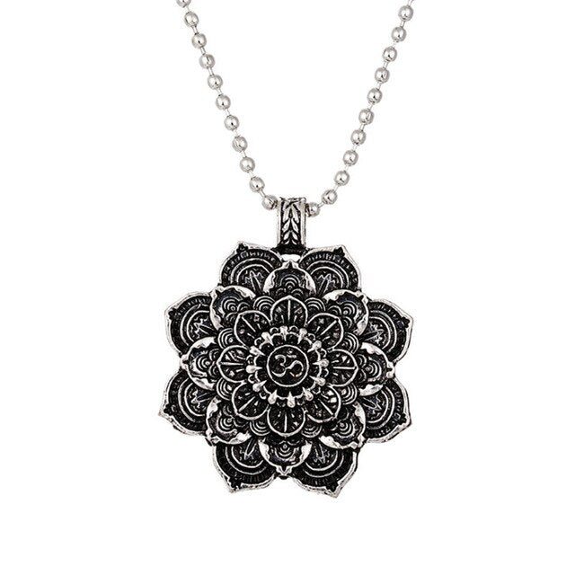 Antique Silver Om Lotus Blossom Mandala Necklace